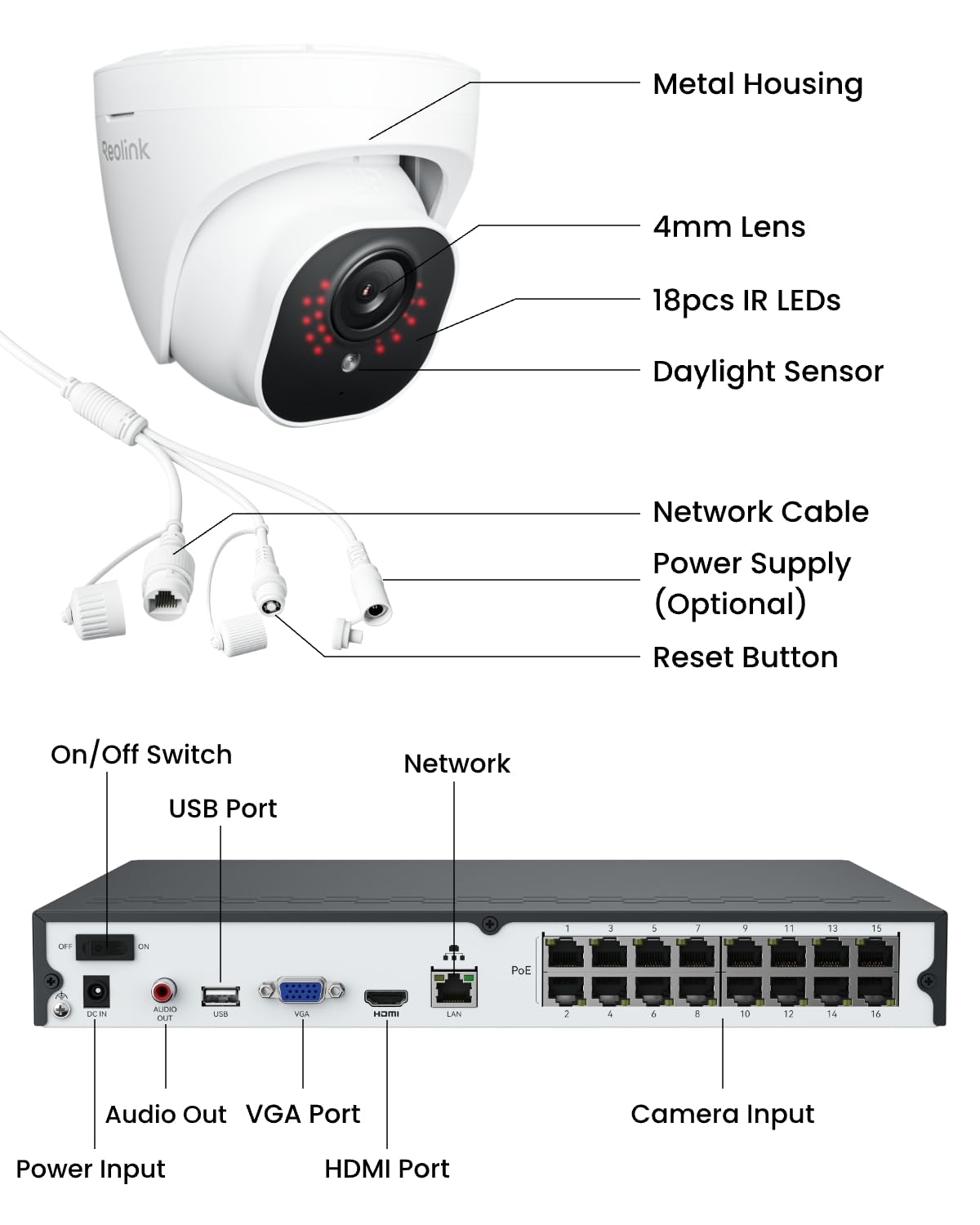 REOLINK 4K PoE Security Camera System Wired, 8pcs 8MP PoE Cameras, Smart Person/Vehicle Detection, 16CH NVR with 4TB HDD, H.265, 24/7 Recording, High Bitrate & Clear Stream, RLK16-800D8
