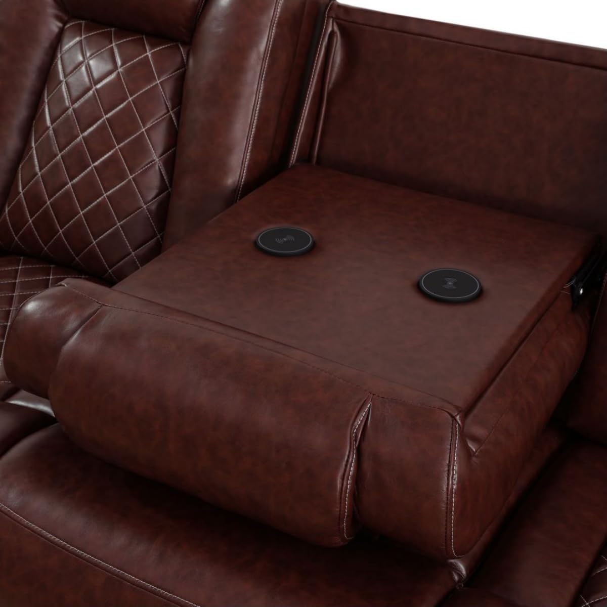 UOCFYK Electric Power Recliner Sofa Living Room Furniture, Comfy Home Theater Breathing Leather Seating with USB 2.0 Charging Ports, LED Light Strips, Fold-Down Table & Wireless Charging Device (Red)