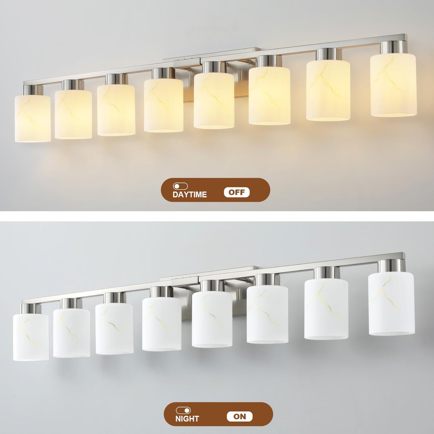 Mieloxiy 8-Light Bathroom Light Fixtures, Modern Vanity Lights, Brushed Nickel Metal Wall Lamp with White Marble Glass for Bathroom, Mirror, Living Room, Bedroom, Cabinet, Porch, Hallway, E26 Base