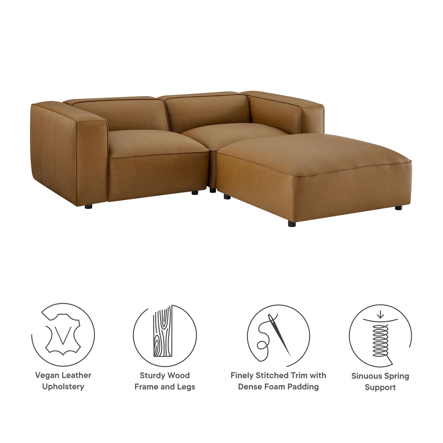 Modway Auren Vegan Leather 3 Piece Modular Sofa in Camel - Faux Leather Loveseat with Ottoman - Comfy 2 Seater Sofa with Footstool - Mid Century Couch for Living Room, Apartment, Loft