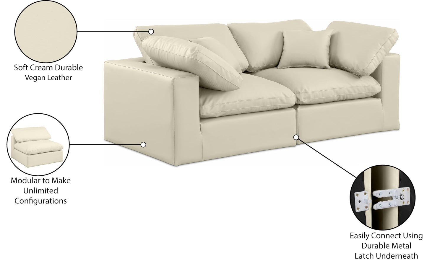 Meridian Furniture 188Cream-S80 Comfy Collection Modern | Contemporary Upholstered Modular Sofa with Soft Cream Vegan Leather, Fiber-Filled, 80" W x 40" D x 34.5" H, Cream