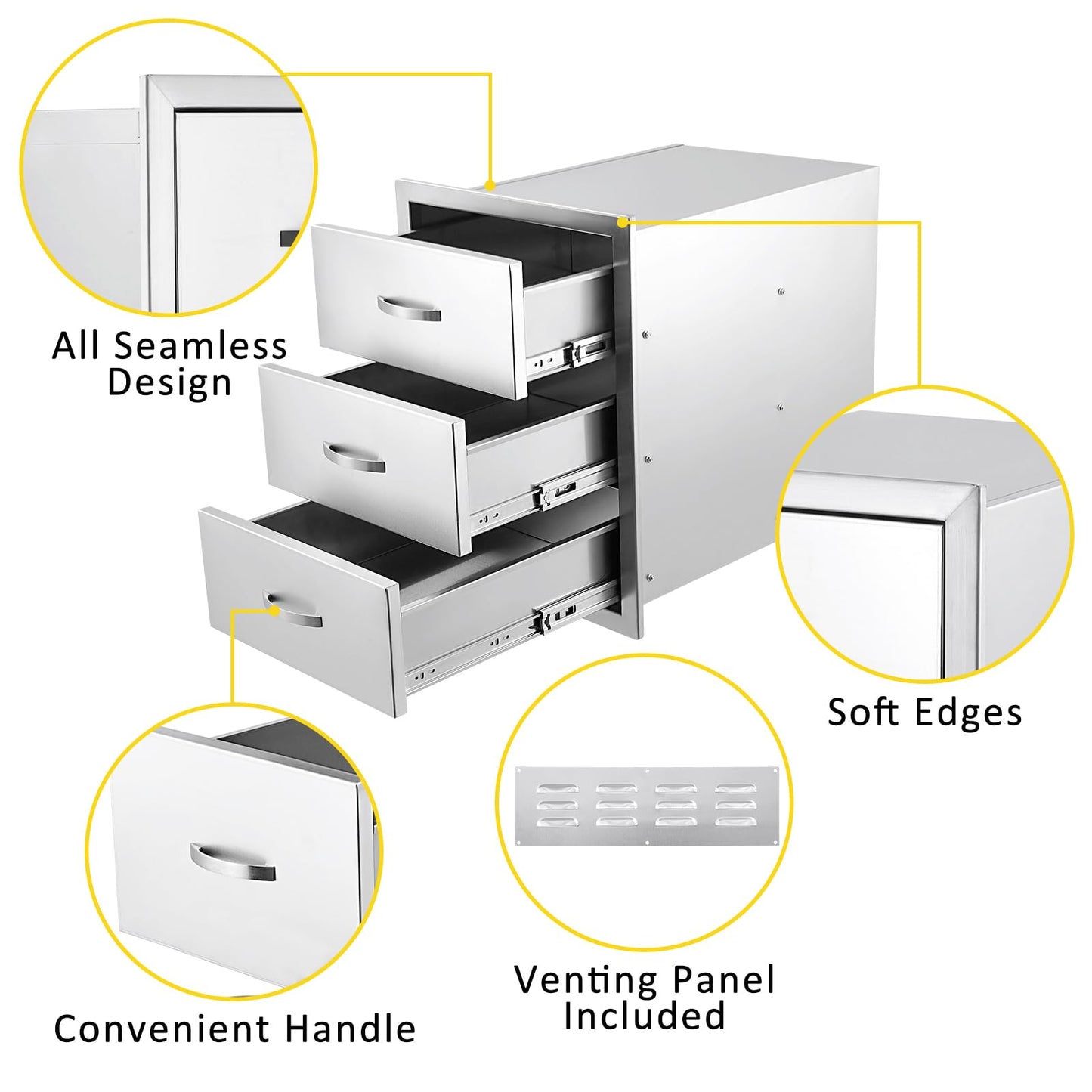 GarveeLife Outdoor Kitchen Drawers 18 in Wx 23 in H x 23 in D, Flush Mount BBQ 3-Layer Drawer Stainless Steel Kitchen Drawer Outdoor Kitchen Access Drawer for Outdoor Kitchen Island