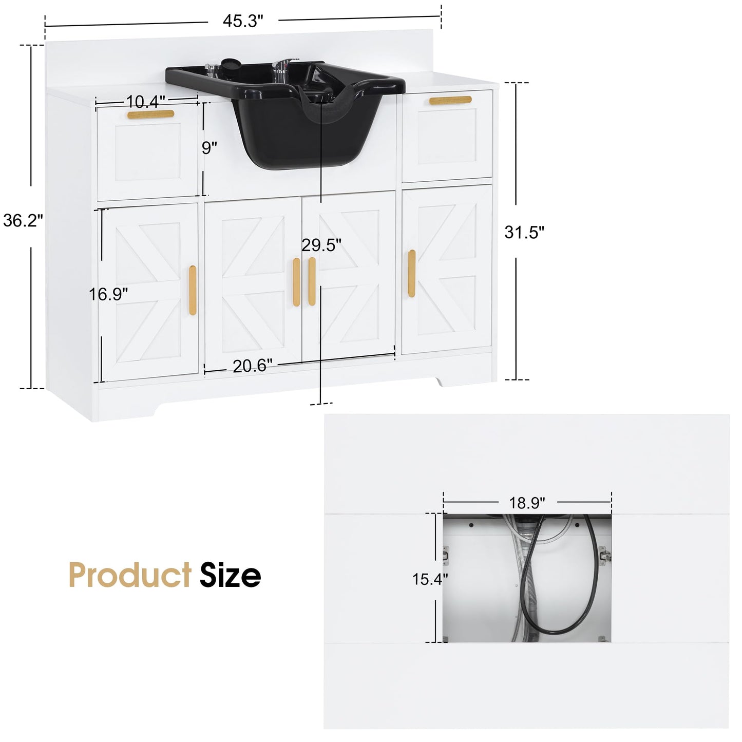 BarberPub Portable Shampoo Station, Shampoo Bowl with Cabinet & Drawer, Salon Geometric Finish Station with Sprayer Faucet, Barber Storage Equipment with Hair Wash Backwash Sink 3439 (White)