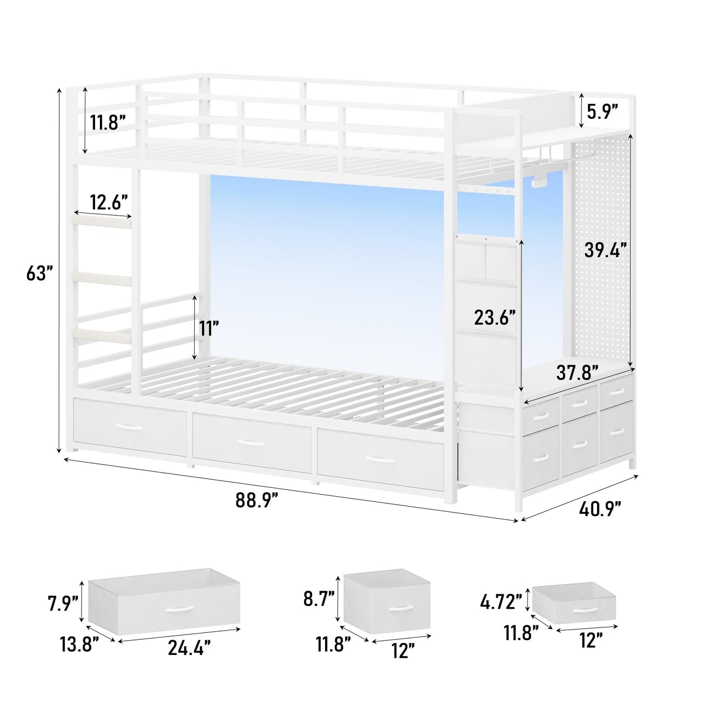 Bunk Bed Twin Over Twin with 9 Drawers & Hanging Rod, Low Loft Metal Bed with Charging Station & LED Lights, Sturdy Bed Frame with Pegboard & Storage, No Box Spring Needed, for Bedroom, White