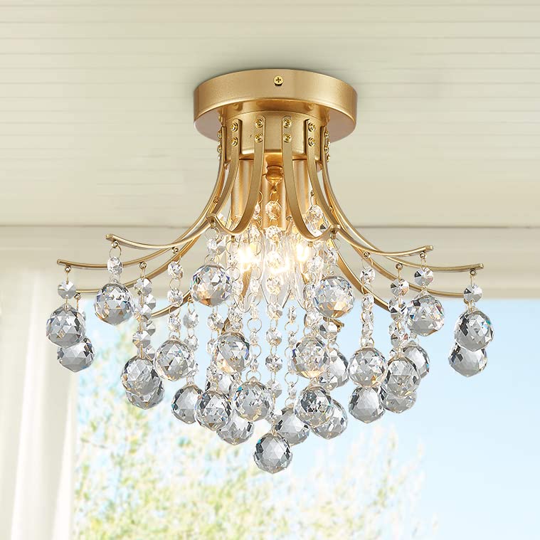 Bestier Modern Gold Crystal Semi-Flush Mount Chandelier, 3 E12 Bulbs, D13.5in x H11.6in, Ideal for Dining Room, Bathroom, Bedroom, Living Room