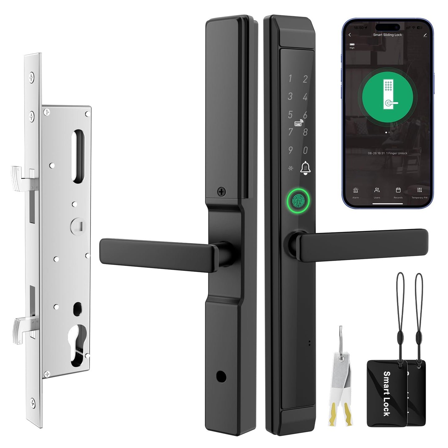 Sliding Door Smart Lock, Sliding Glass Door Lock with Fingerprint, JNZCH Smart Mortise Lock with App Control, IC Card, Keys, Anti-Peep Touchscreen, Perfect for Patio