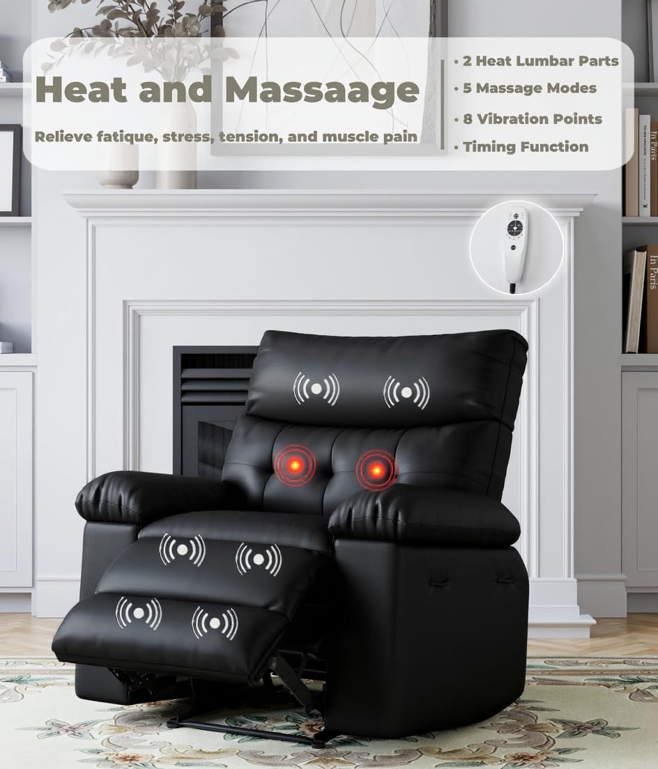 Garvee Oversized Recliner Chair Large Manual Recliner for Adults Lazy Chair PU Leather 1.5X Sponge Filling with Massage & Heat - Black