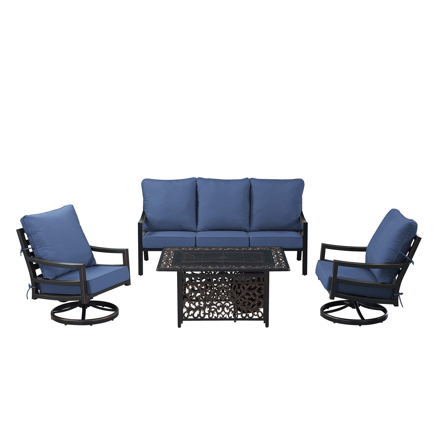 Oakland Living Black Aluminum Patio Fire Table Set with Deep Seating Sofa with Cushions and Two Club Chairs with Blue Cushions