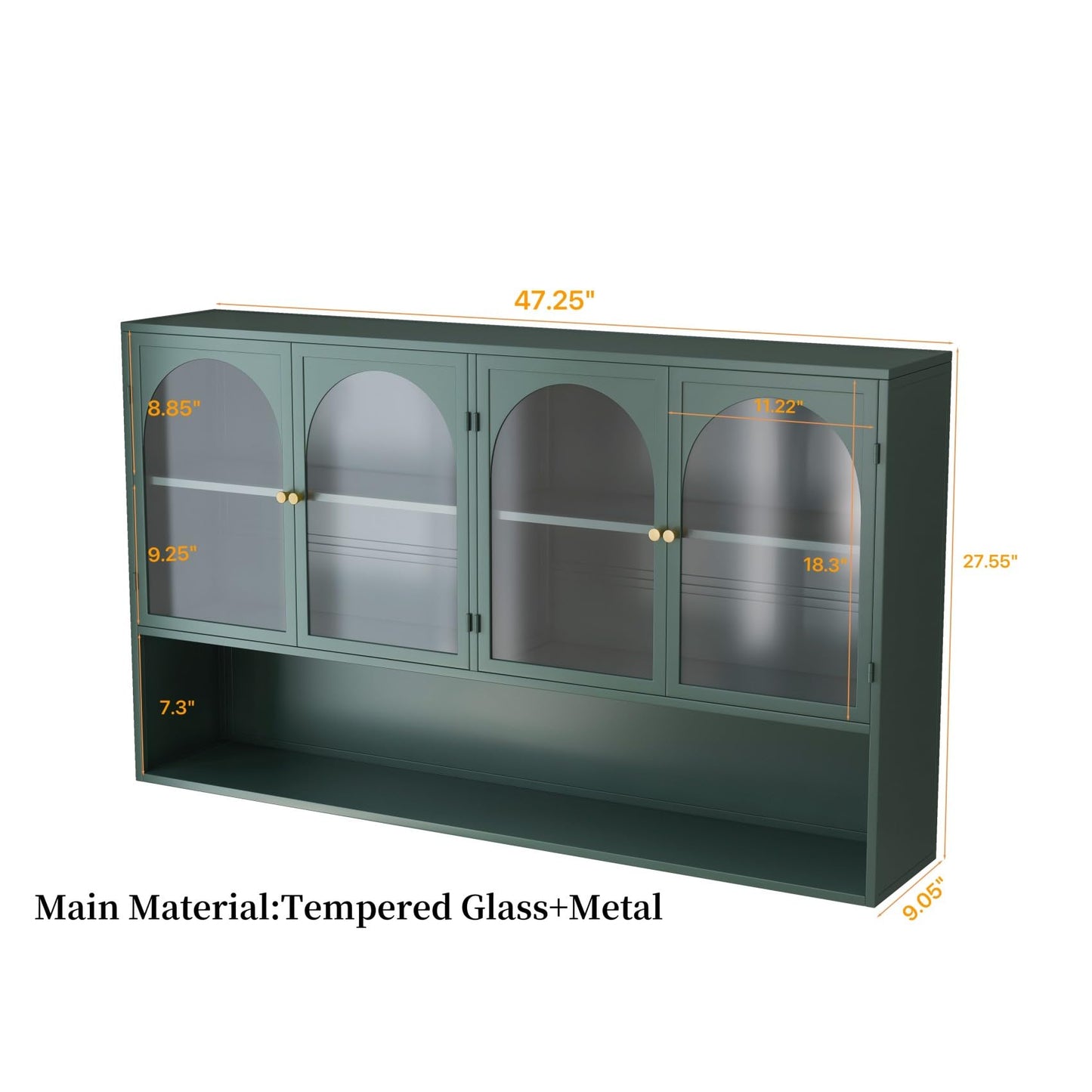 KEIKI 47" Wall Sideboard Buffet Storage Medicine Cabinet with 4 Glass Doors & Shelves, Modern Metal Credenza for Kitchen, Dining, Living Room, Coffee Bar, Entryway