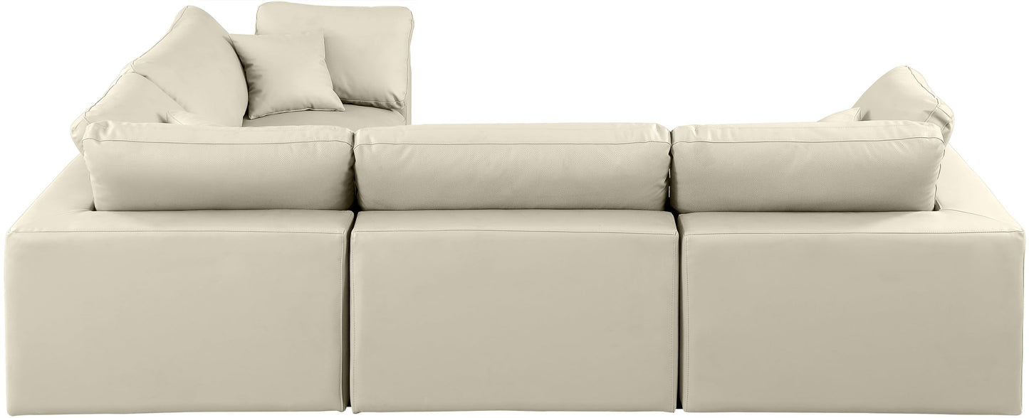 Meridian Furniture 188Cream-Sec4C Comfy Collection Modern | Contemporary Upholstered Modular Sectional, Soft Cream Vegan Leather, Fiber-Filled, 119" W x 80" D x 34.5" H, Cream