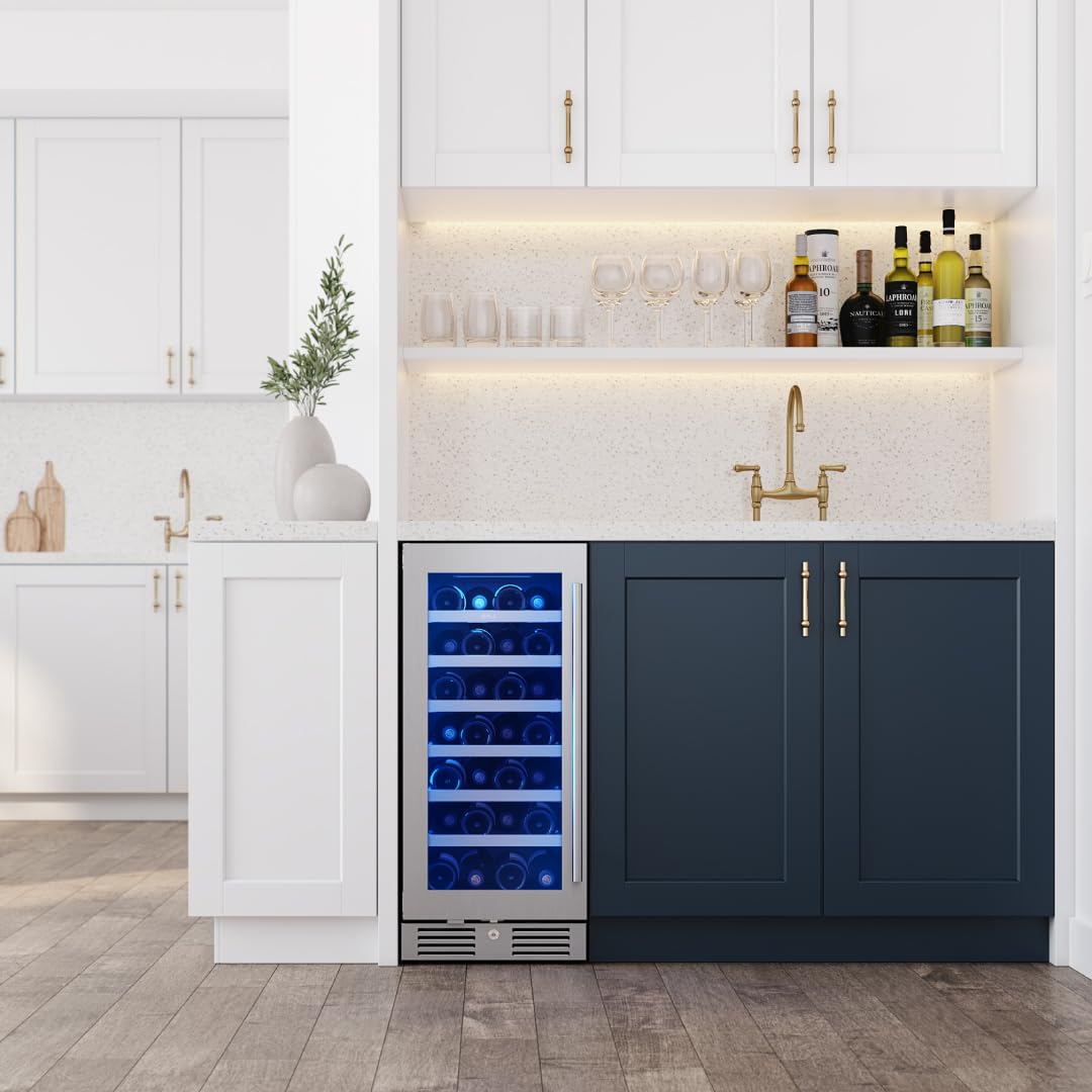 Zephyr Presrv 15 Inch Wine Fridge Single Zone Under Counter - Slim Narrow Wine Cooler Cellars Small Cabinet Wine Refrigerator Home Bar Chiller Freestanding with Glass Door - 27 x 750ml Bottles