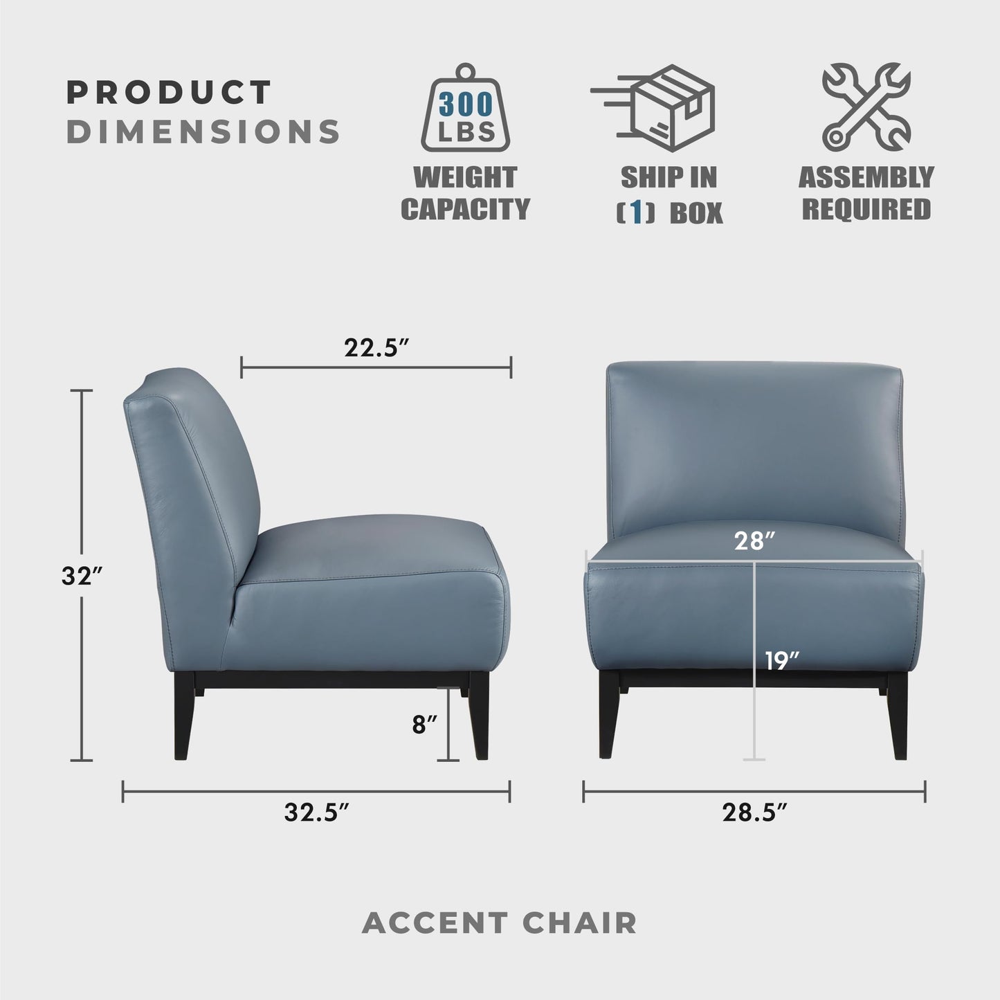 Lexicon Modern Living Room Leather Accent Chair, Luxury Genuine 100% Top Grain Leather Upholstered Armless Chair, Comfortable Seat, Black Solid Wood Legs for Bedroom/Office, Easy Assembly, Blue