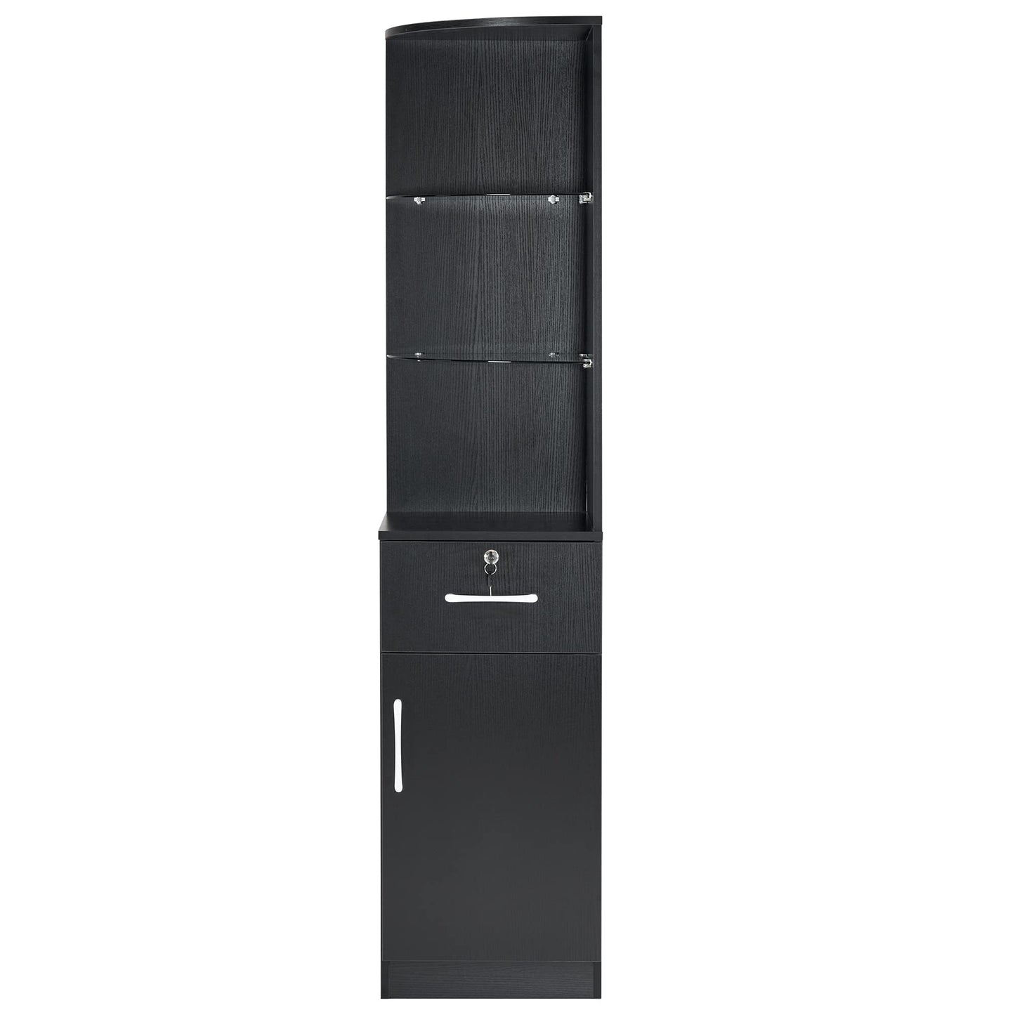 BarberPub Corner Salon Storage Cabinet with Door and Glass Shelves, Beauty Barber Equipment for Storage, 15.8" W x 69.9" H x 15.8" D 3200 (Black)