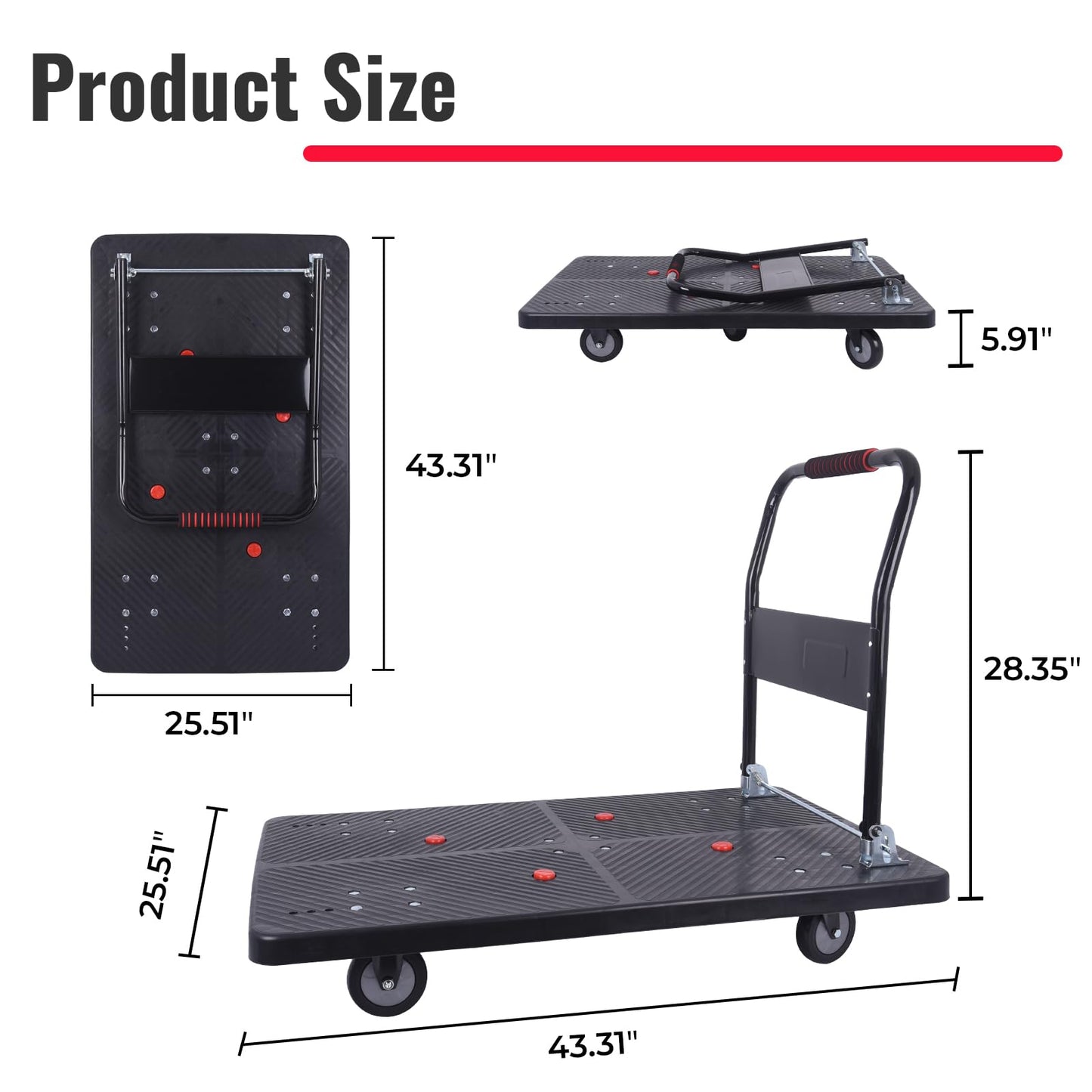 Dawot 1320lbs Foldable Platform Truck Dolly with Swivel Wheels, Heavy Duty Moving Platform Hand Truck, Moving Flatbed Cart Push Cart Platform Dolly Cart for Groceries, Warehouse(43.31" x 25.51" Black)