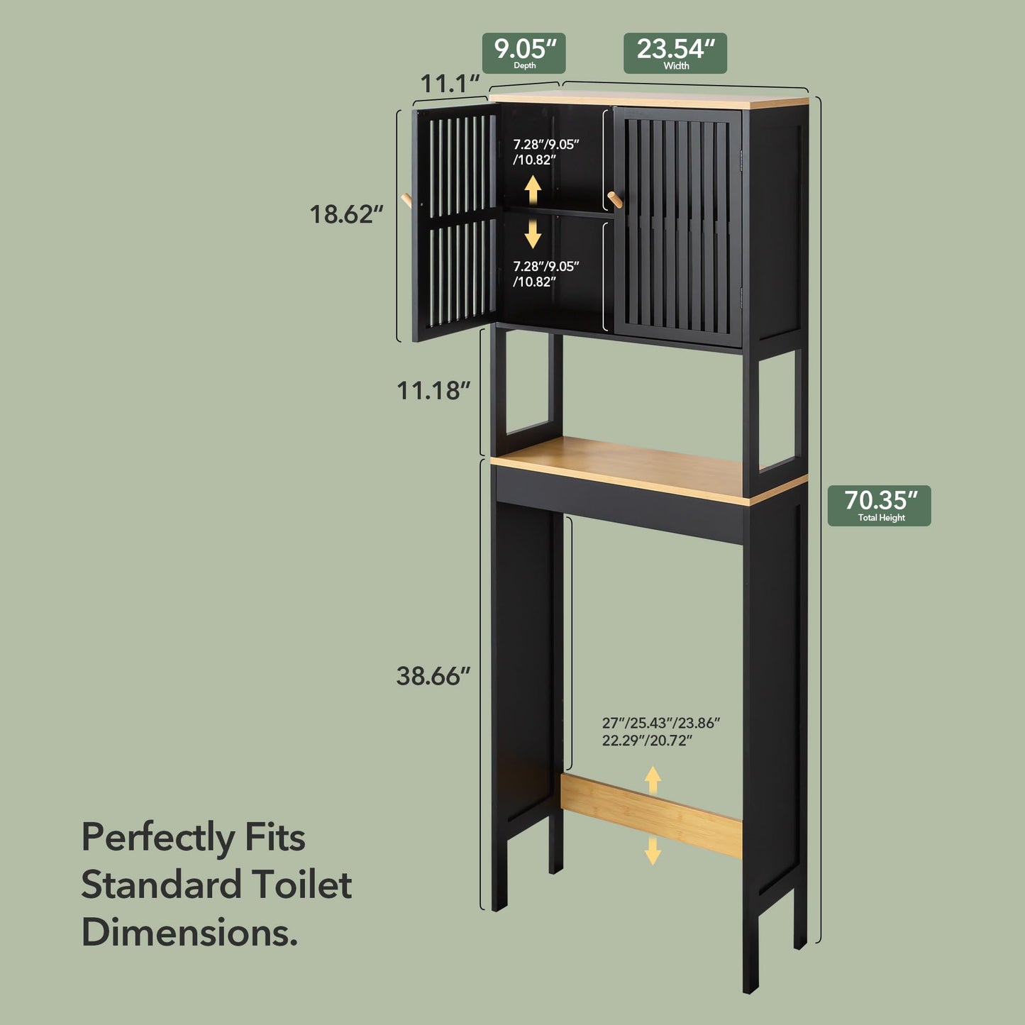 Over The Toilet Storage Cabinet with Breathable Bamboo Doors, 3-Tier Bathroom Organizer Above Toilet, Freestanding Space Saver Rack with Adjustable Bottom Bar & Shelf, 24" x 70", Black & Natural