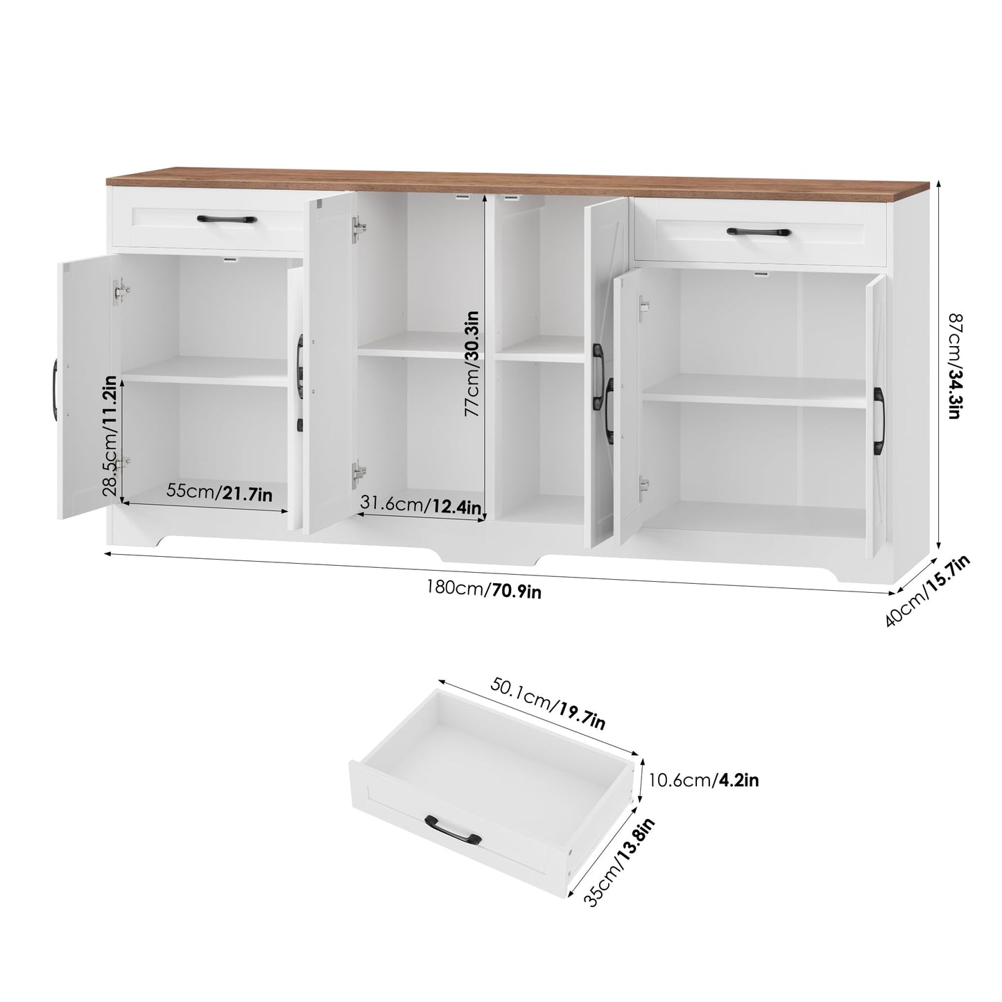 BOTLOG 71” Large Sideboard Buffet Cabinet with Storage, Farmhouse Kitchen Buffet Cabinet with Adjustable Shelves and 6 Barn Doors, Wood Coffee Wine Bar Console Table for Kitchen, Dining Room, White