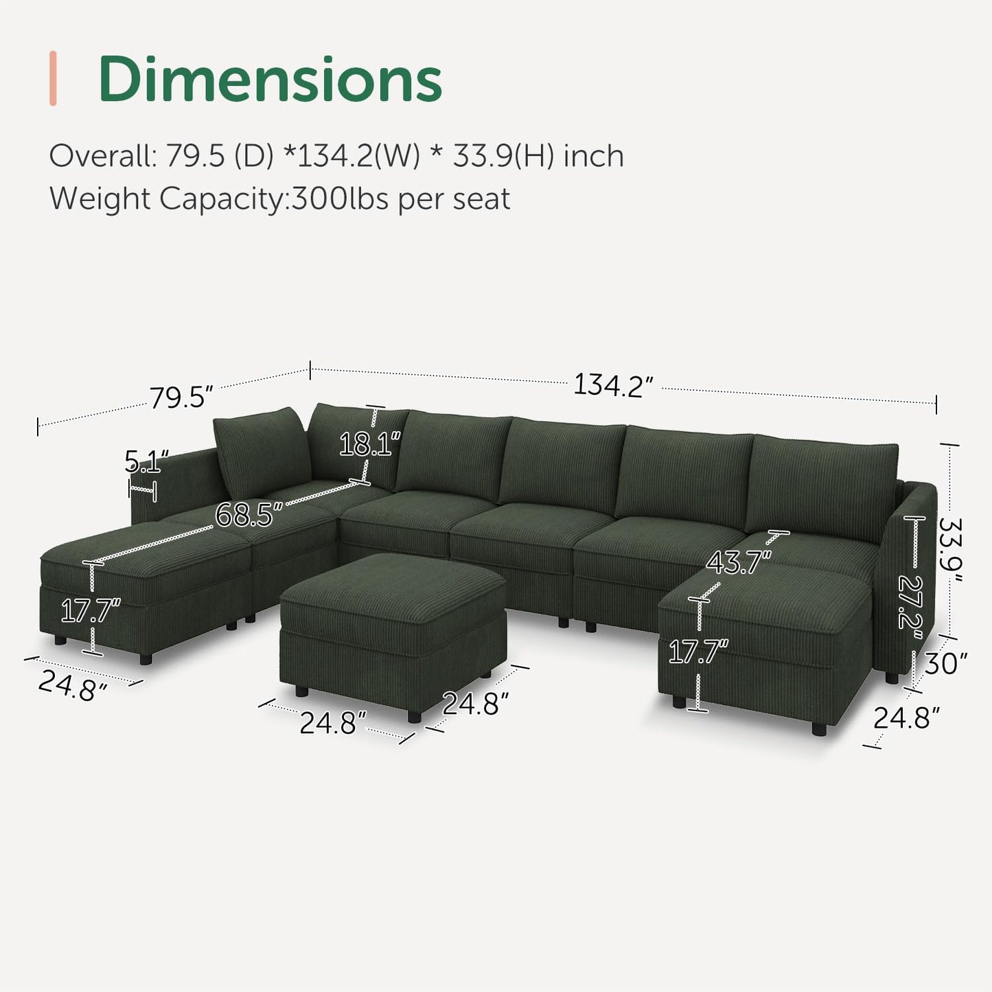 HONBAY Modular Sectional Sofa with Storage, U Shaped Couch Modular Convertible Sectional Couches for Living Room - Green