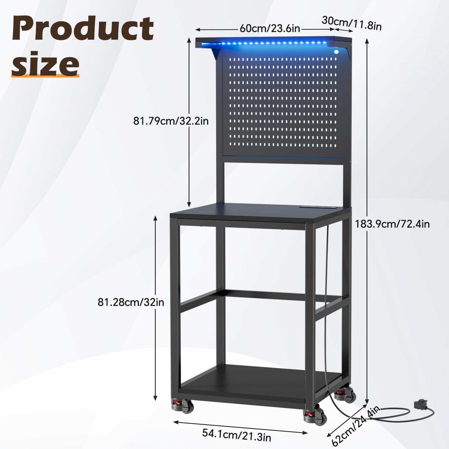 3D Printer Stand with Filament Storage Workbench,3D Printer Table with Charging Station & LED Lights,Heavy Duty Rolling Printer Desk with Pegboard for Workshop,Office,Garage