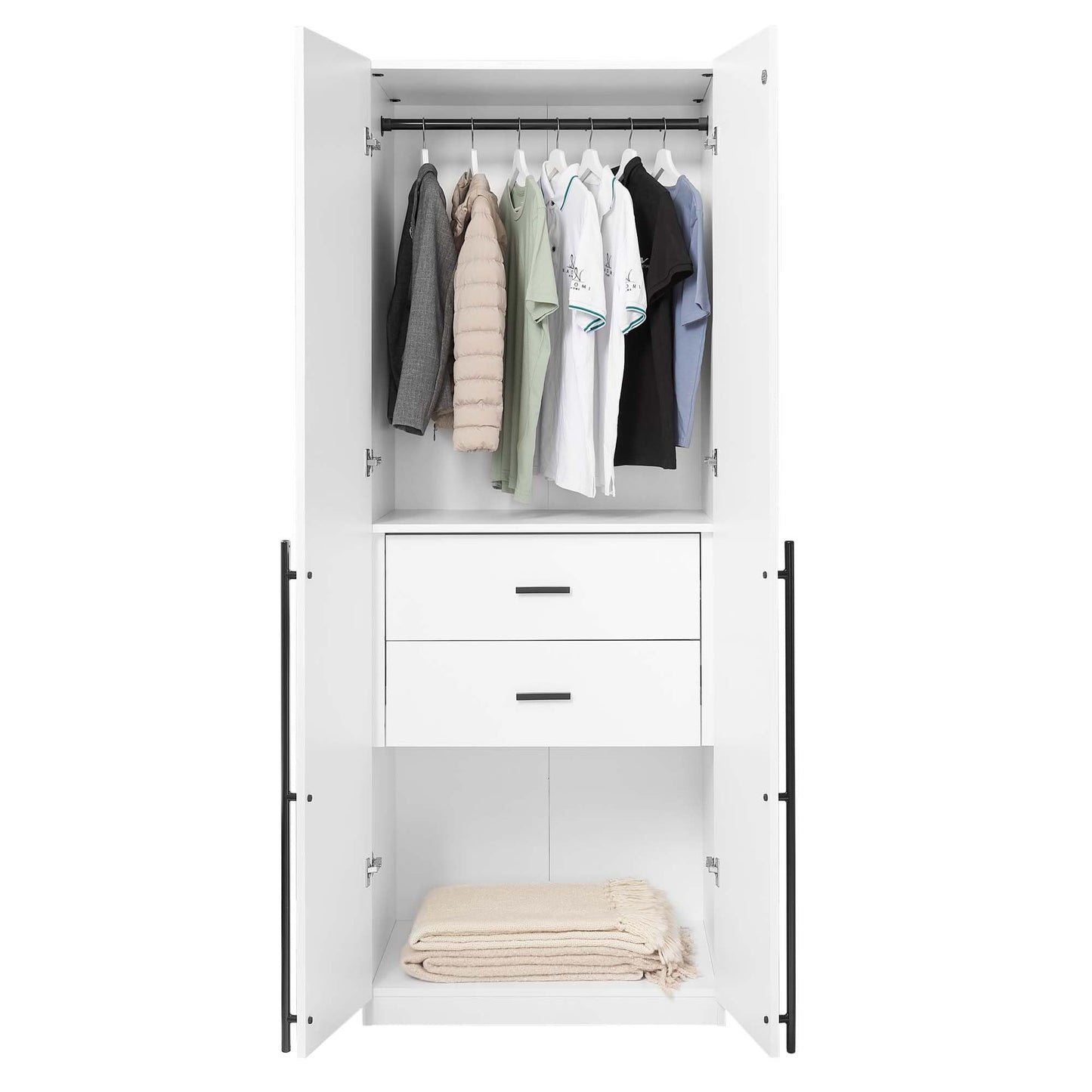 Manhattan Comfort Lee Modern Freestanding Closet 2.0 | Space-Saving Design with 1 Hanging Rod, 1 Shelf & 2 Drawers | Soft Close Hinges | No Tool Assembly Storage Cabinet, White