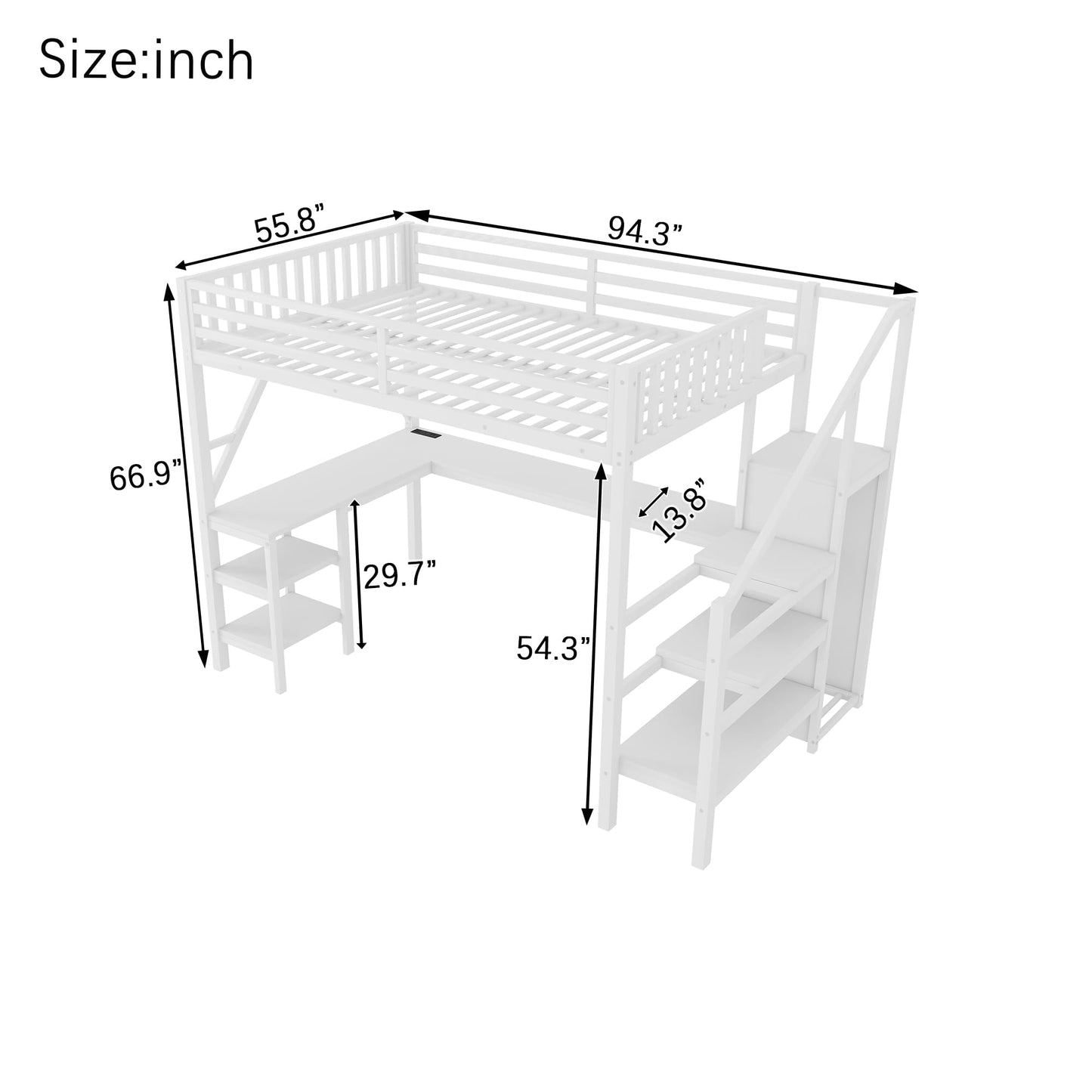 KEIKI Full Size Metal Loft Bed Frame with L-Shaped Desk & Staircase & Wardrobe & USB, Modern Style Loft Bed with Solid Slat & Guardrail, No Box Spring Required, Easy Assembly, for Bedroom, White