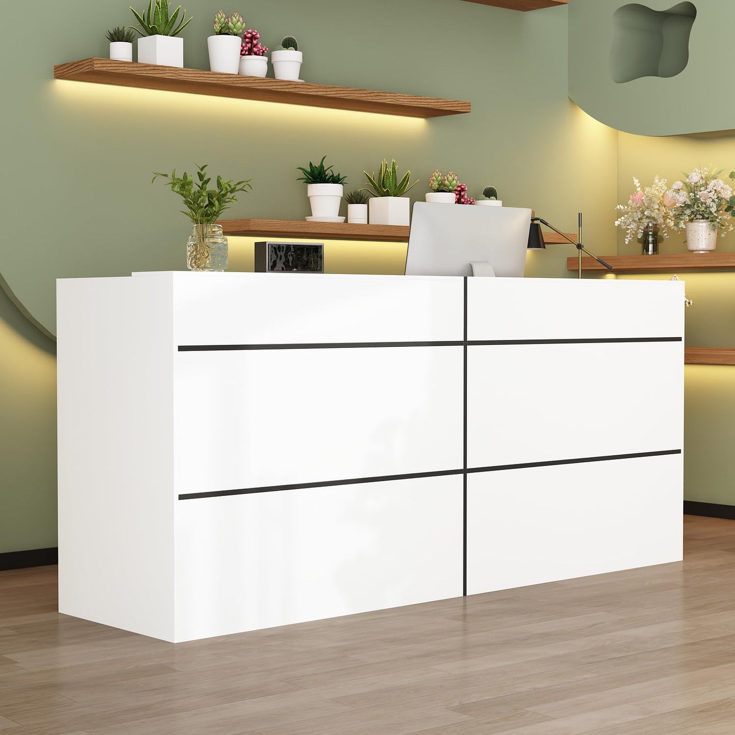 FAMAPY Reception Desk with Shelves, Modern Front Counter Table Checkout Retail Counter for Reception Room Lobby Shop, White and Black, 23.6”D x 86.6”W x 39.3”H