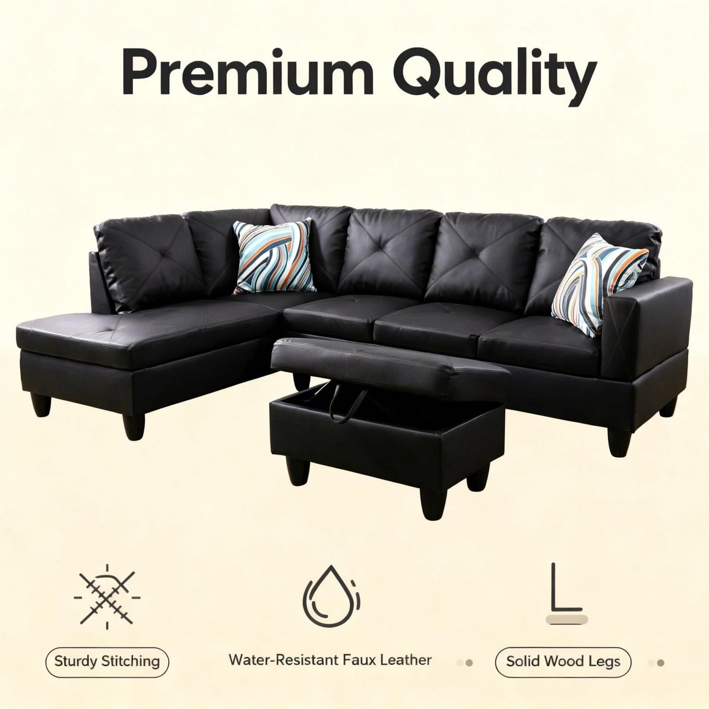 Trygoal L-Shape Sofa with Storage Ottoman, Leather Sectional Couch with Left Chaise, Modern 3-Piece Sofa Set for Living Room, Upholstered Couch Set with Solid Wood Frame for Apartment, Loft, Black