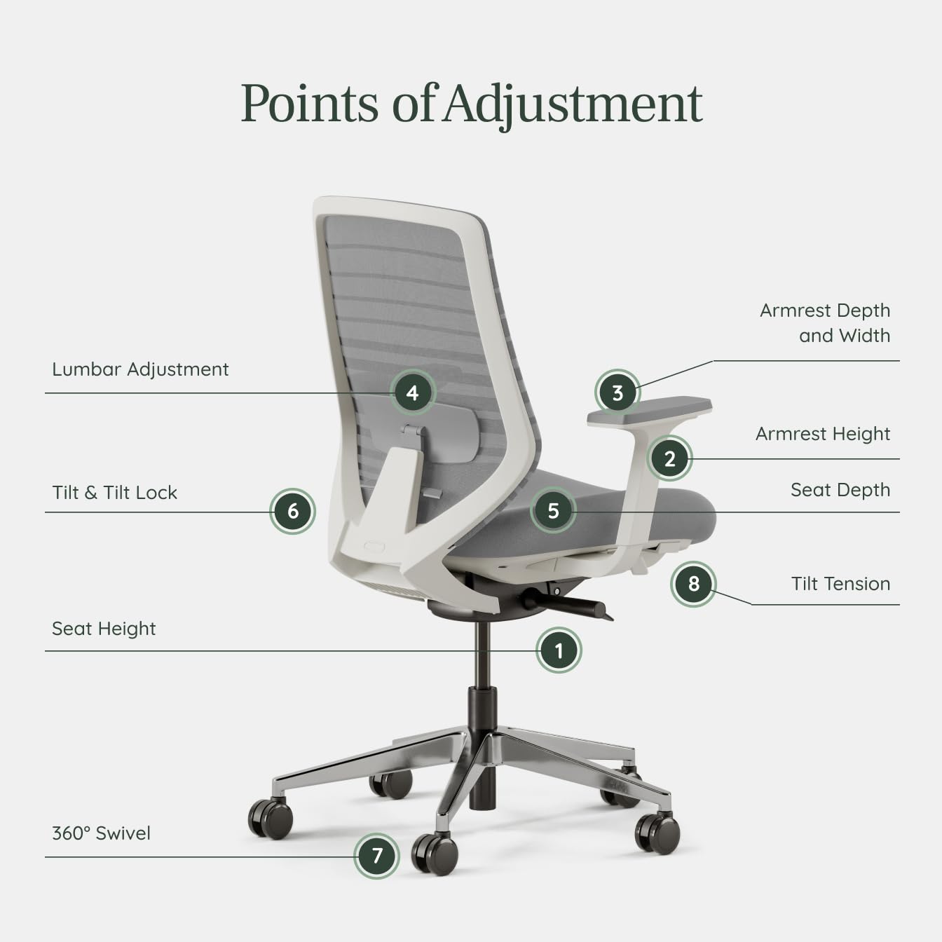 Branch Ergonomic Chair - A Versatile Desk Chair with Adjustable Lumbar Support, Breathable Mesh Backrest, and Smooth Wheels - Experience Optimal Comfort and Support - Pebble - White