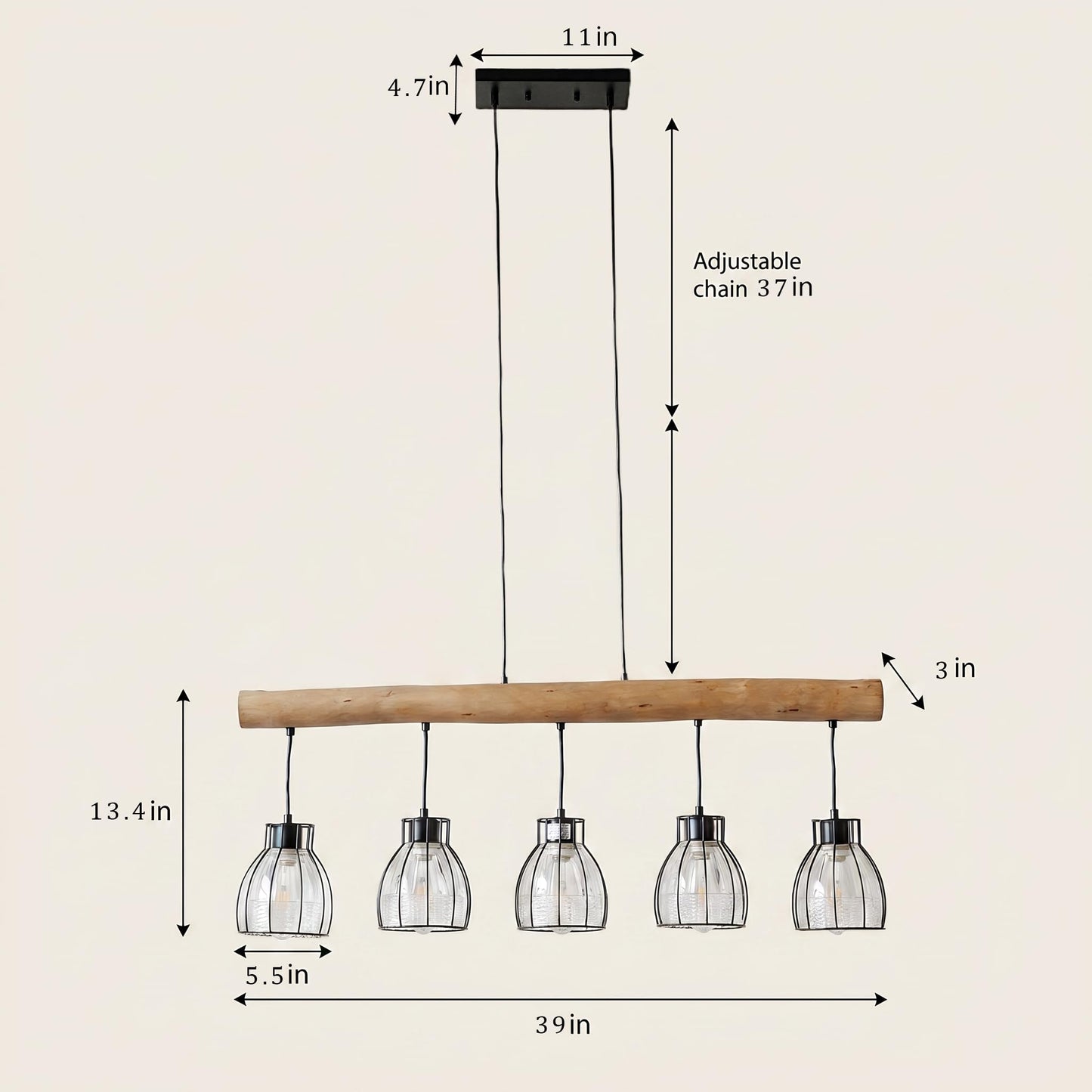 5-Light Farmhouse Kitchen Island Lighting with Glass Lampshade, Dining Room Light Fixtures Over Table, Wood Vintage Ceiling Chandelier for Living Room, Black