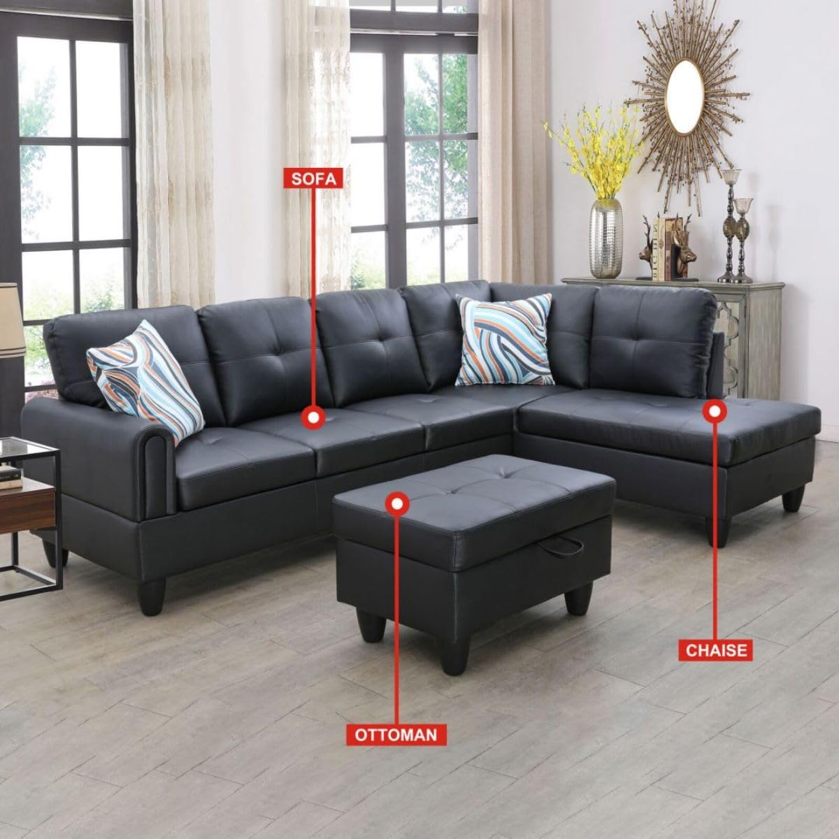 UOCFYK Black White L-Shaped 3-Piece Faux Leather Sofa with Storage Ottoman Set, Sectional Couch Sofa Set for Living Room, Office, Small Space