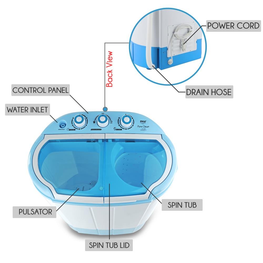 Pyle Upgraded Version Pyle Portable Washer & Spin Dryer, Mini Washing Machine, Twin Tubs, Spin Cycle w/Hose, 11lbs. Capacity, 110V - Ideal For Compact Laundry
