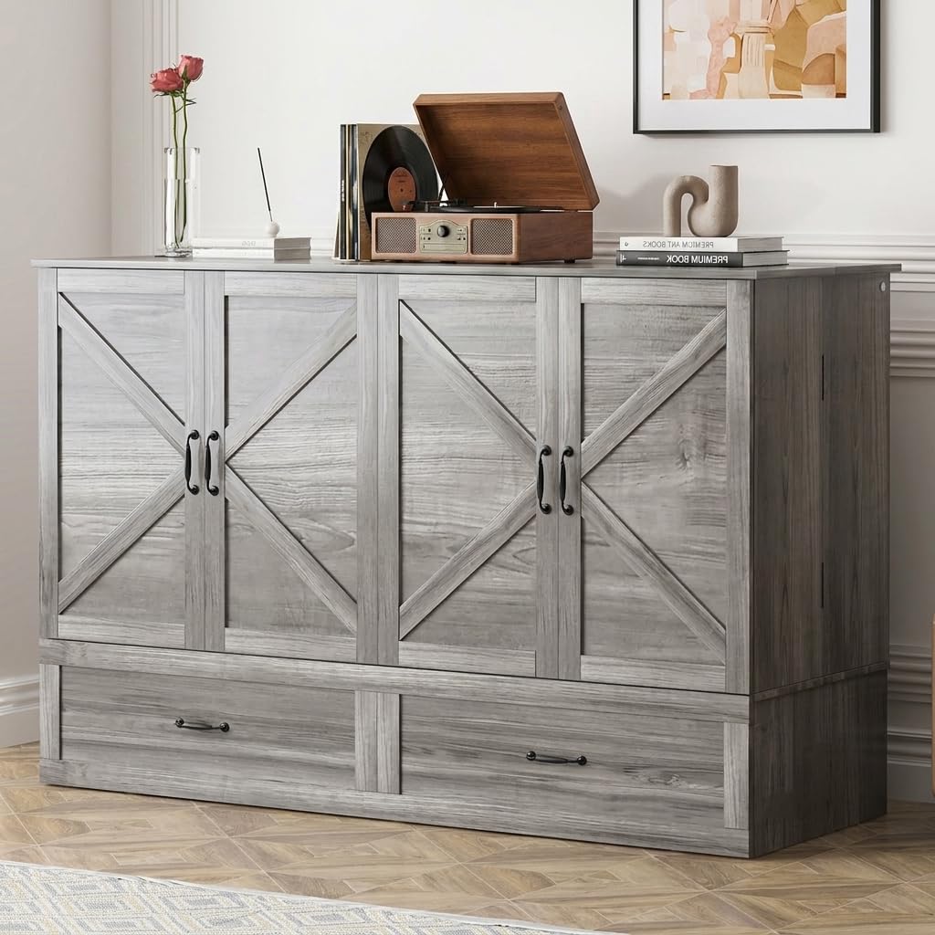 Mjkone Murphy Bed, Cabinet Beds Queen Size with Mattress Included, USB Charging Port, Drawer, Space Saving Queen Murphy Chest Bed, Hidden Cabinet Guest Wall Beds for Bedroom, Apartment, Grey