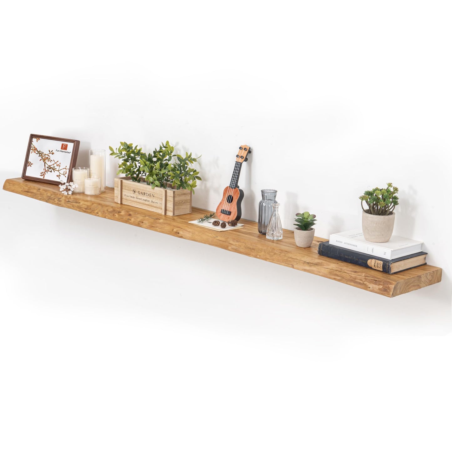 Floating Shelves for Wall, 72"x9.3" Rustic Solid Live-Edge Elm Wood Wall Shelves, Heavy-Duty Floating Shelves with Invisible Brackets for Living Room, Bedroom, and Kitchen, Natural Finish