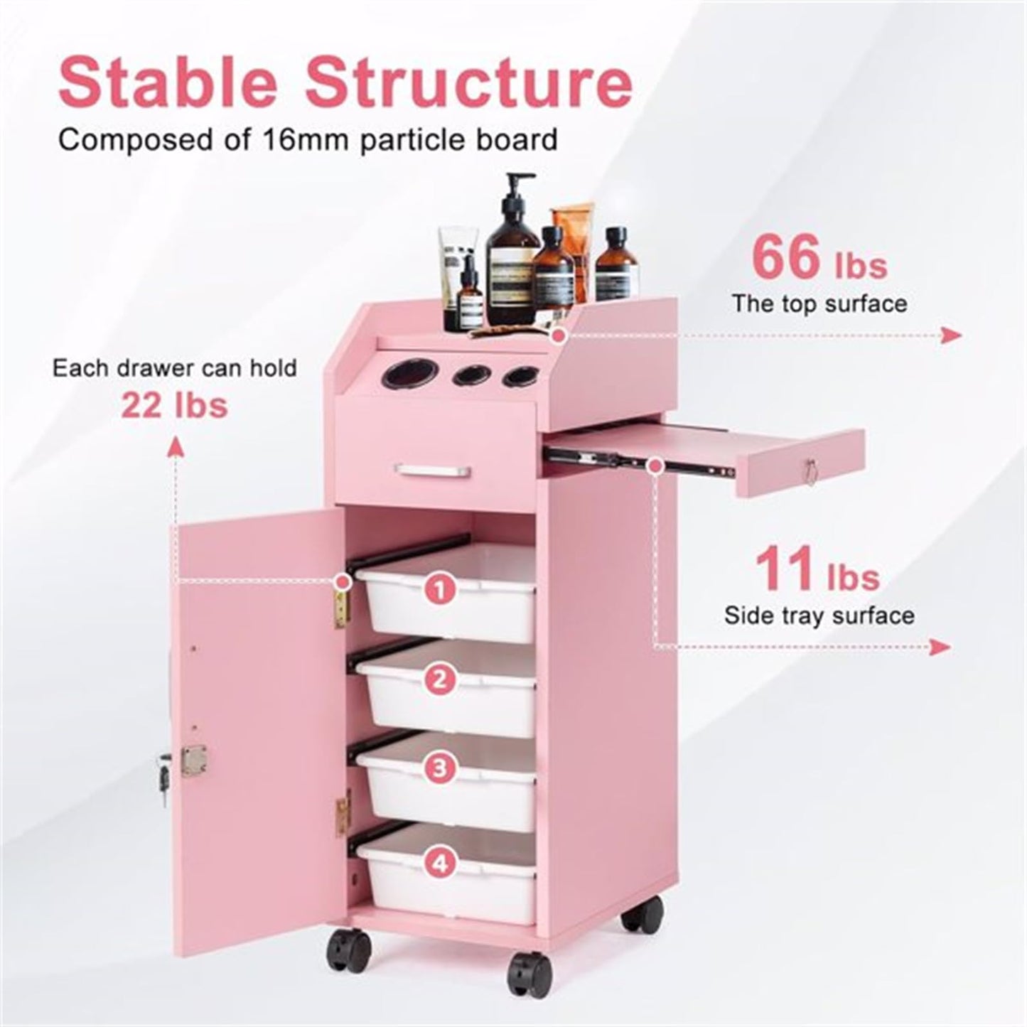 CUIYMXSC Salon Storage Cabinet, Hairdressing Tools Station, with 3 Hair Dryer Holders, 4 Drawers, 1 Lockable Cabinet, Salon Trolley Cart Mobile Barber Station for Beauty Spa Barbershop