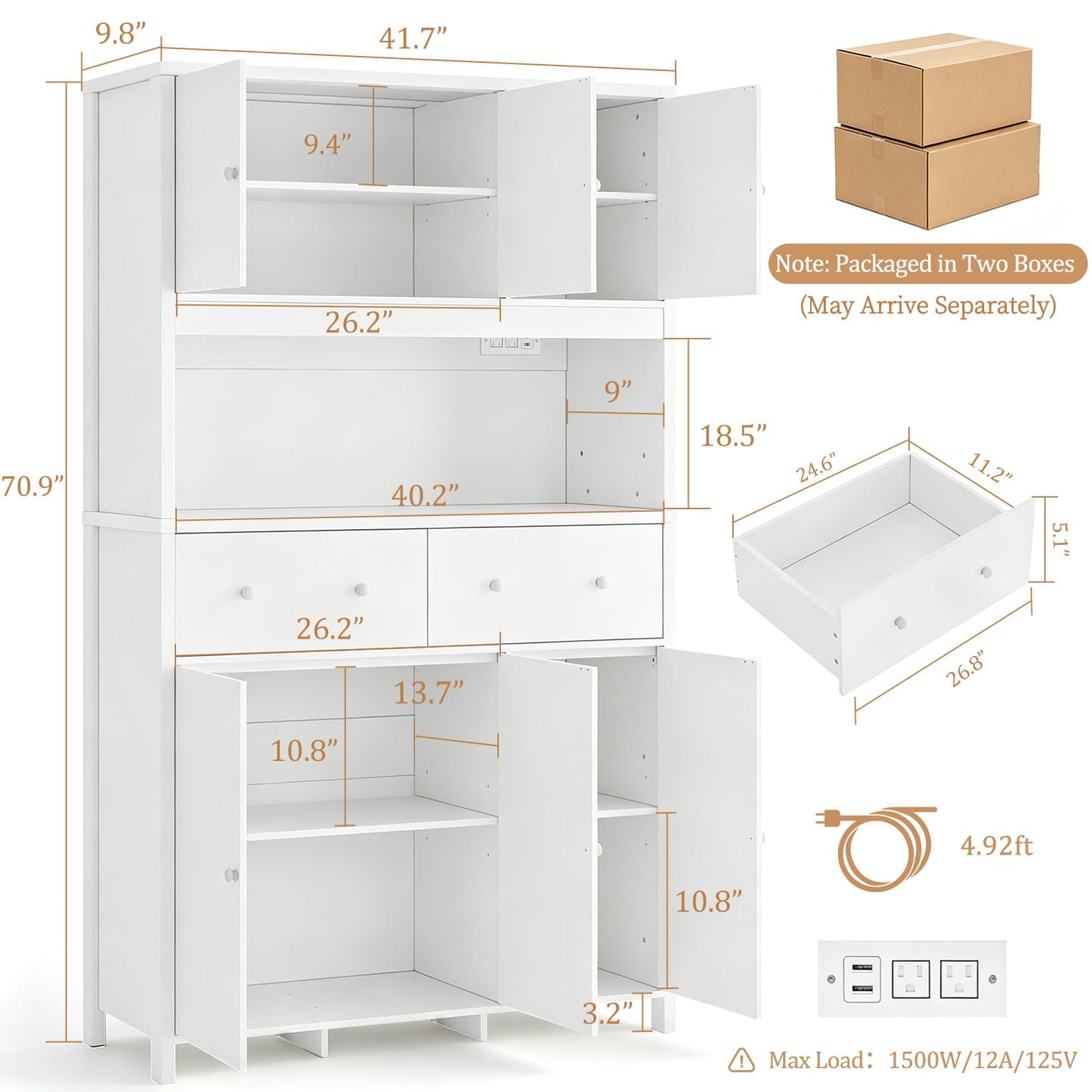 Garvee 71" H Pantry Cabinet with Charging Station, Tall Kitchen Pantry Storage Cabinet with Countertop, Modern Kitchen Hutch with Storage Drawers for Living Room, Dining Room, White
