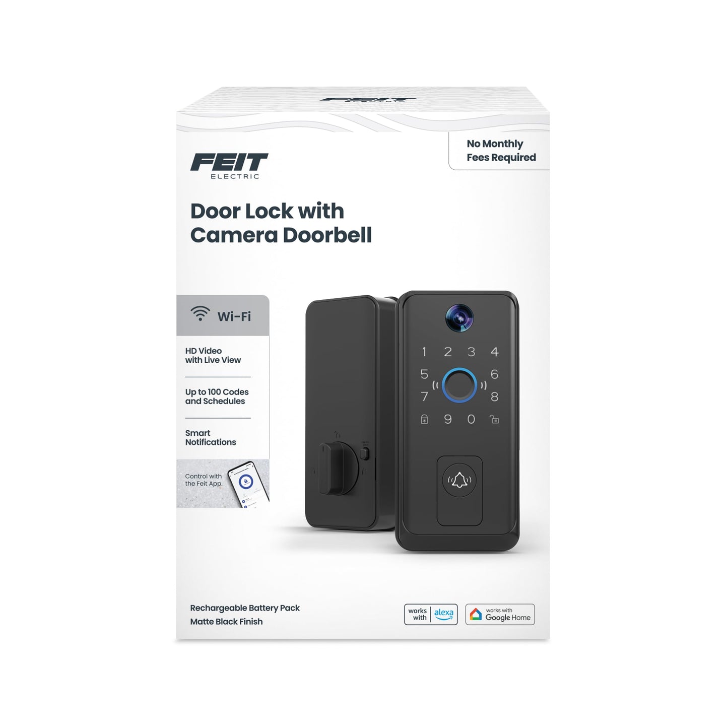 Feit Electric Smart Door Lock with HD Camera Doorbell, 1080p Video, Fingerprint & Keypad Entry, 2-Way Audio, Night Vision, App Control, Auto-Lock, 100 User Codes, USB-C Backup, Matte Black Finish