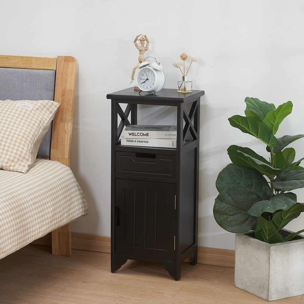 BECTSBEFF Assembled 30in Height Nightstand, Pre- Assembled Bathroom Floor Cabinet with Shelf and Storage Drawer, Black Tall End Table No Assembly Chest for Living Room Bedroom