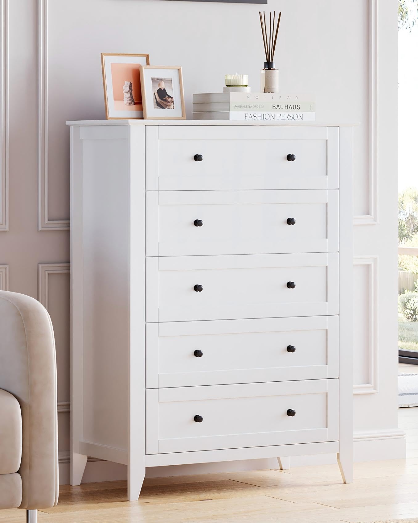 GarveeHome White 5 Chest of Drawer Dresser, Modern Tall Nightstand with Deep Drawers and Nickel Round Handle, Wood Organizer Storage Cabinet for Bedroom, Living Room, Hallway