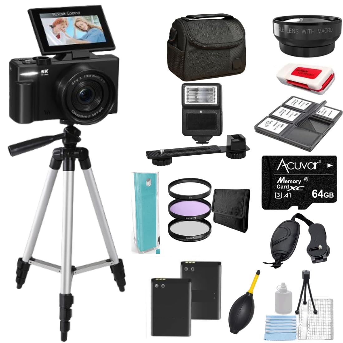 4K/5K Digital Camera – 75MP Vlogging Camera for YouTube, 180° Flip Screen, 18X Zoom, WiFi – Black Ultimate Kit with 64GB Card, 50" Tripod, Carrying Case, Macro/Wide Lens, Flash & Filters – Acuvar