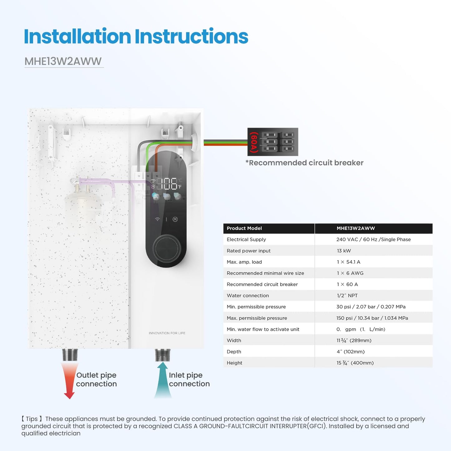 Midea 13KW-updated Electric Tankless Water Heater, Touch Control, Wi-Fi Control, LED Display, Child Mode, 240 Volts with Automatic Power Modulation, On-demand Hot Water, White