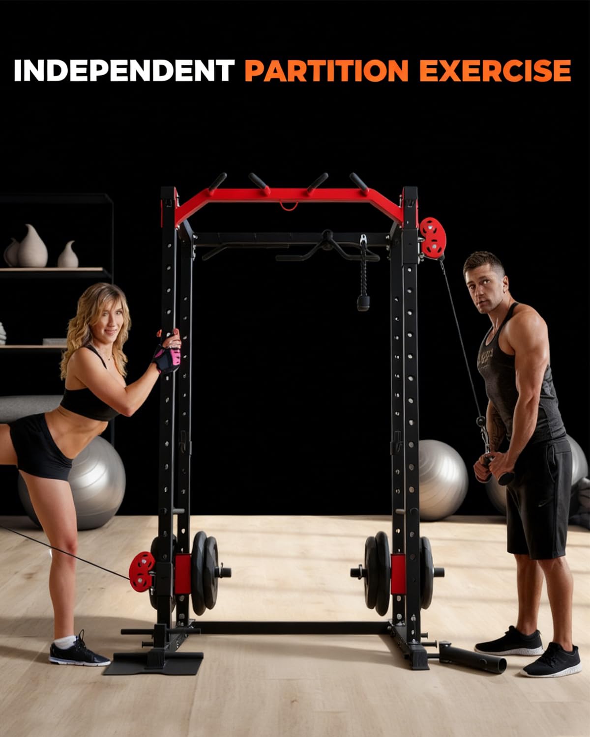 GarveeLife Power Cage, All-in-1 Home Gym with LAT Pulldown & Cable System, 2000LBS Squat Rack for Home & Garage & Apartment Use, Workout Cage with More Attachments (Red)