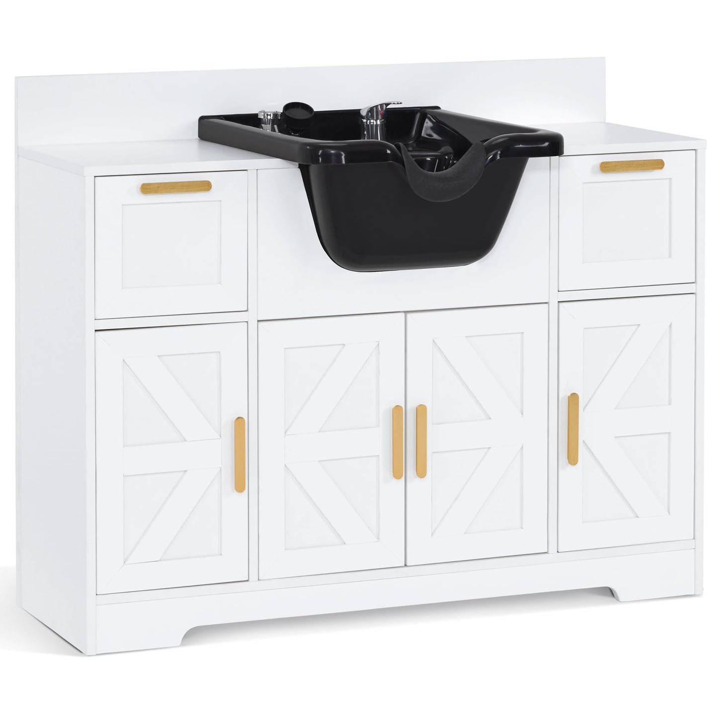BarberPub Portable Shampoo Station, Shampoo Bowl with Cabinet & Drawer, Salon Geometric Finish Station with Sprayer Faucet, Barber Storage Equipment with Hair Wash Backwash Sink 3439 (White)