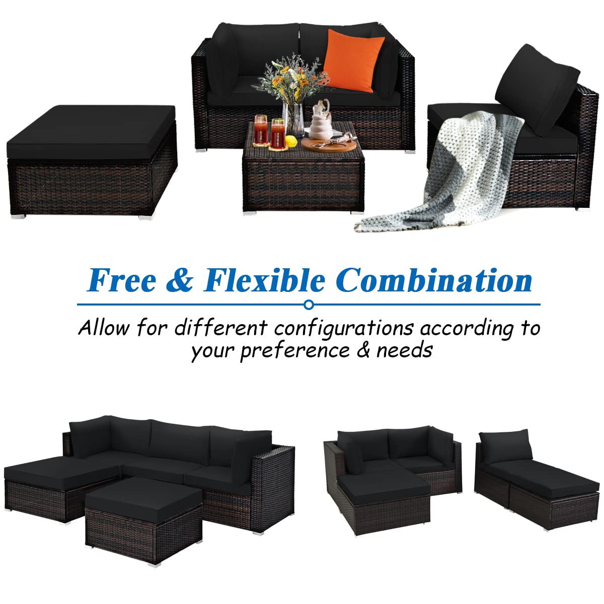 Tangkula 5 Piece Patio Rattan Furniture Set, Outdoor Sectional Rattan Sofa Set with Back & Seat Cushions, Wicker Conversation Set with Tempered Glass Table for Backyard Porch Poolside (Black)
