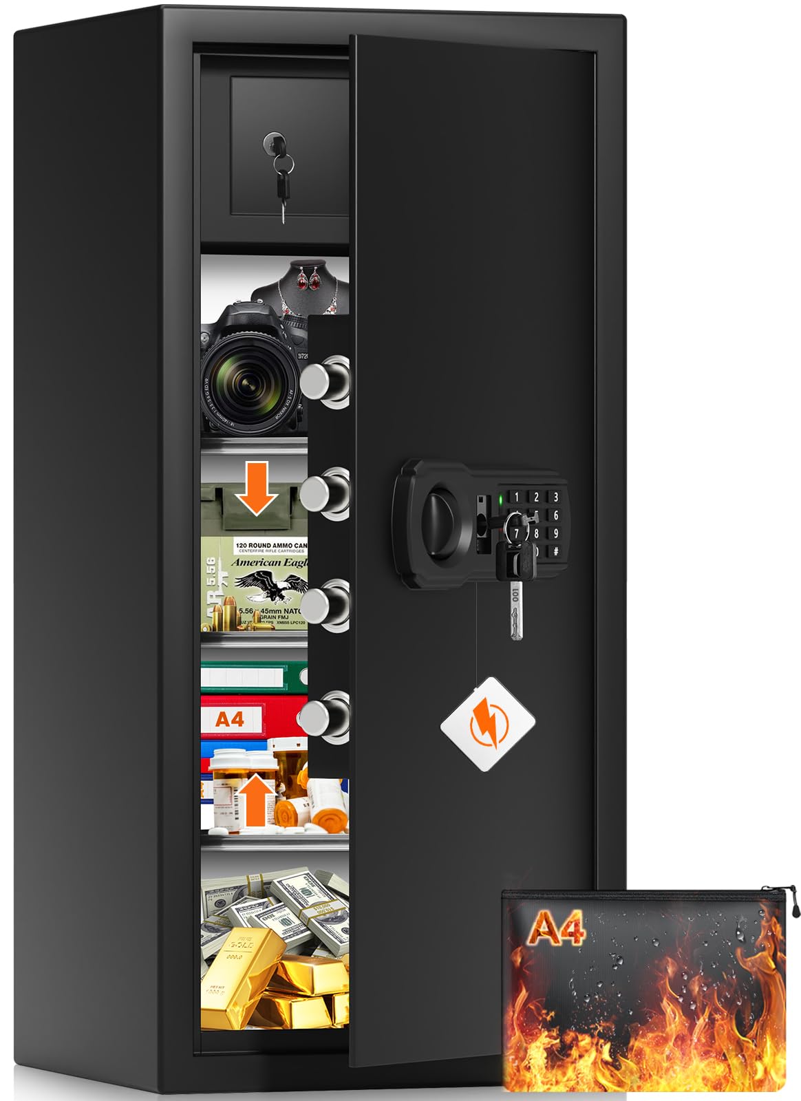 31.5"H Large Safe Box for Home & Office, 8.0 Cu Ft Heavy Duty Carbon Steel Home Safe with Electronic Combination Lock, Fire Resistant Waterproof Document Bag, Wall & Floor Mount for Valuables