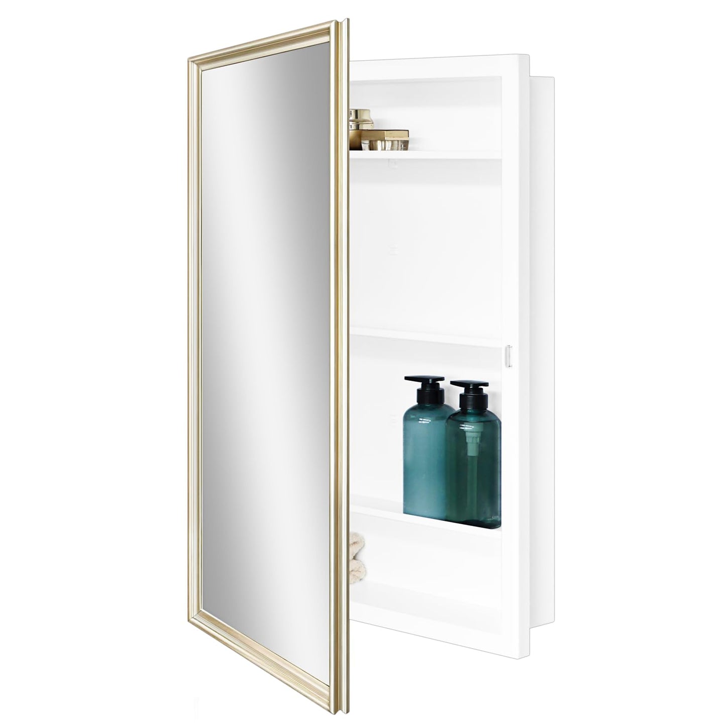 Fundin 24 x 30 White Metal Bathroom Wall Medicine Cabinet with Gold Beveled Frame Mirror, Recessed or Surface Mount,Mirror Cabinet with Adjustable Shelves