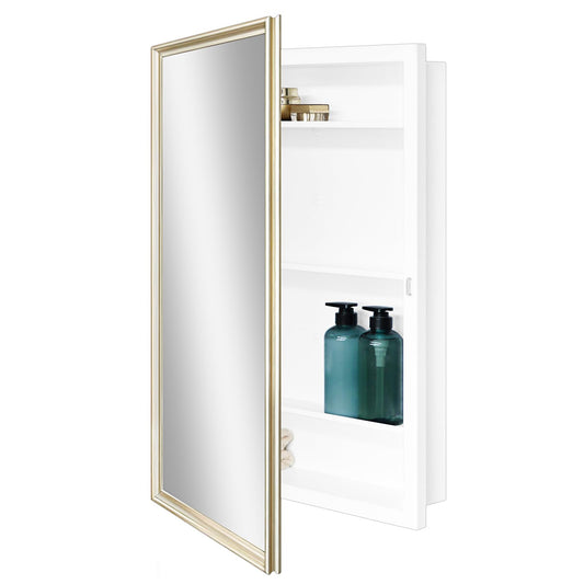 Fundin 24 x 30 White Metal Bathroom Wall Medicine Cabinet with Gold Beveled Frame Mirror, Recessed or Surface Mount,Mirror Cabinet with Adjustable Shelves