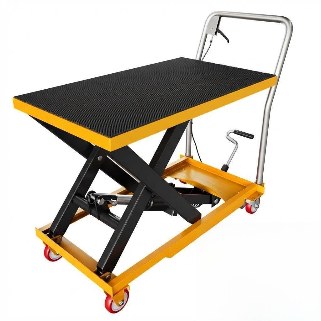 Hydraulic Lift Table Cart - Manual Single Scissor Lift Table, 500 Lbs Capacity & 28.5 Inch Lifting Height, Locking Wheels, Non-Slip Pad for Material Handling and Transportation (Yellow)