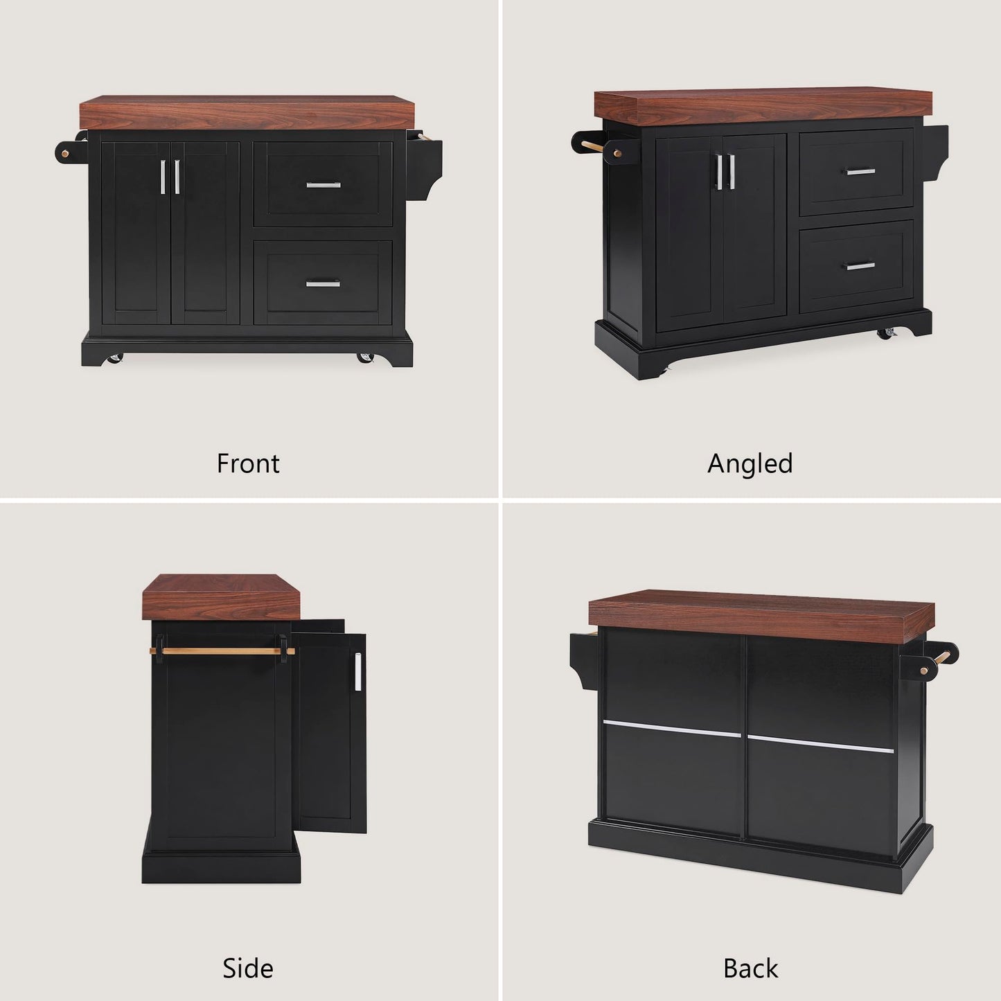 Trygoal 53.2" Rolling Kitchen Island with Storage, 3.5" Thick Countertop, Spice Rack, Towel Rack, Drawer & Cabinet - Mobile Kitchen Cart on Wheels for Kitchen, Dining Room, Black