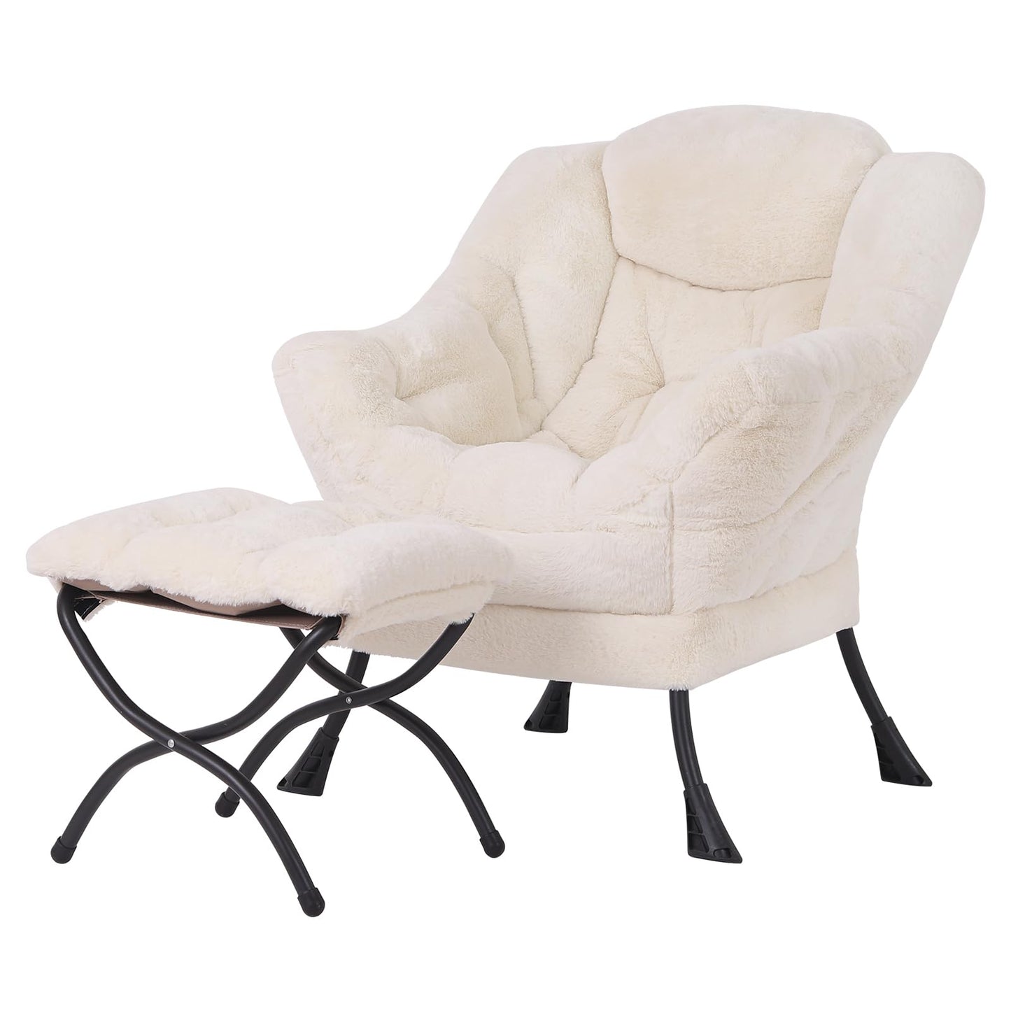 Welnow Lazy Chair with Ottoman, Modern Accent Chair with Armrests and a Side Pocket, Leisure Sofa Armchair, Reading Armchair with Footrest for Small Space, Plush Beige