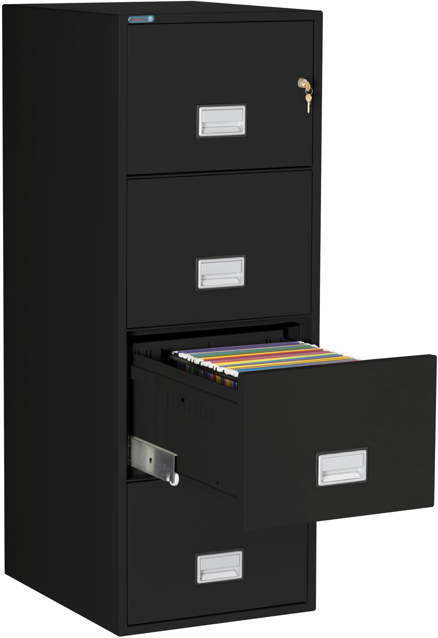 Phoenix Safe 25 inch 4-Drawer Vertical Fireproof File Cabinet – Legal and Letter Size Filing – Key Lock – Water Resistant Seal – Fire and Impact Rated – Black Finish – Model LGL4W25B