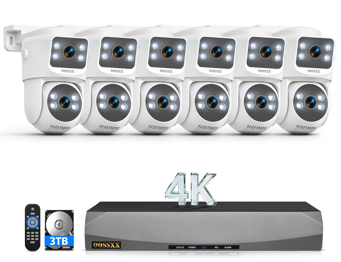 OOSSXX (2026 New) 4K PoE Security Camera System, 8CH NVR with 6 Dual Lens Cameras, Fixed + PTZ Auto Tracking, 130° Wide Angle, AI Human Detection, 2-Way Audio, No Monthly Fee